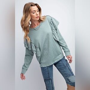 Easel Ruffle Shoulder Top Tunic Sage Green Cotton Gauze Women’s Size Medium
